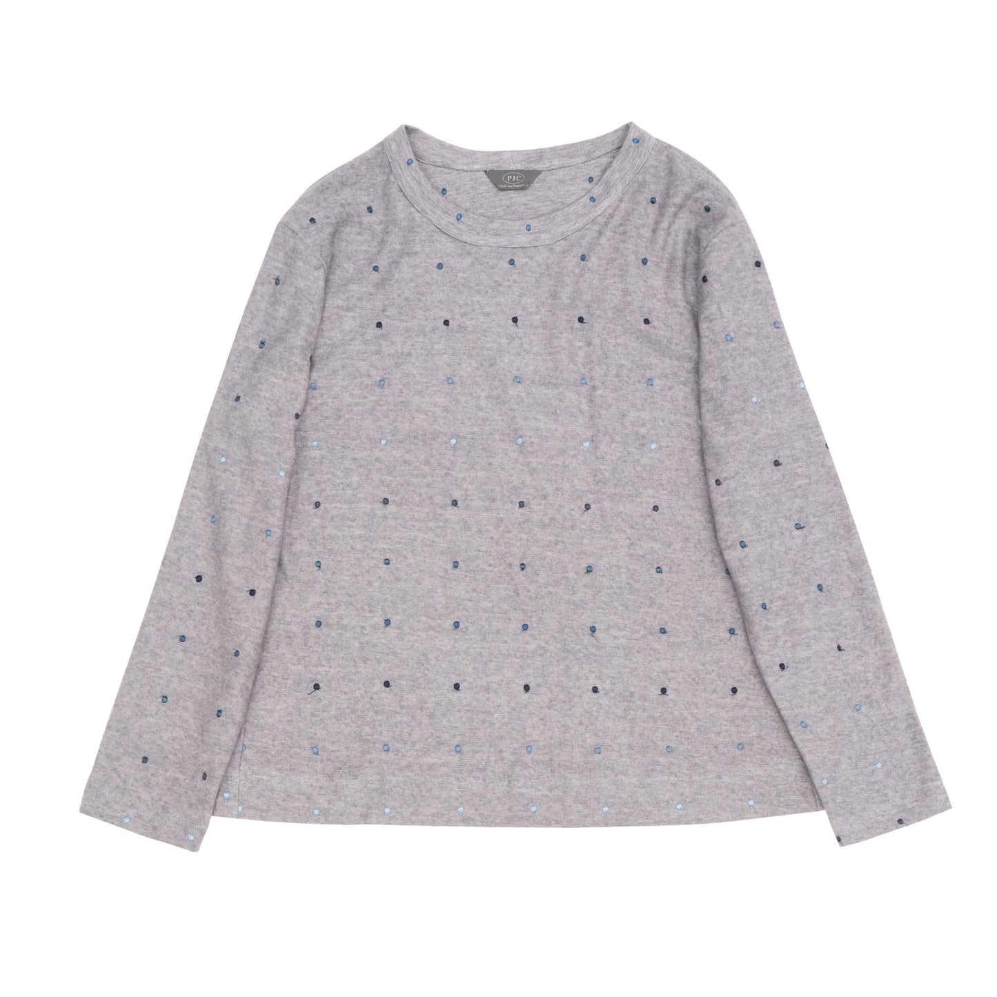 ミニパイル 丸首長袖Tシャツ 水玉 グレー