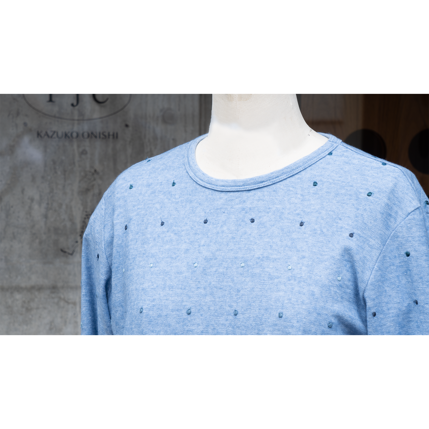 ミニパイル 丸首長袖Tシャツ 水玉 スカイブルー