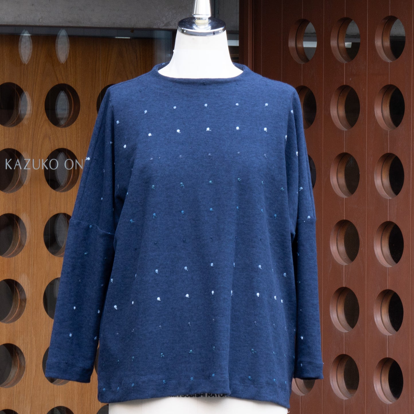 ミニパイル 9分袖ロングTシャツ 水玉 ネイビー