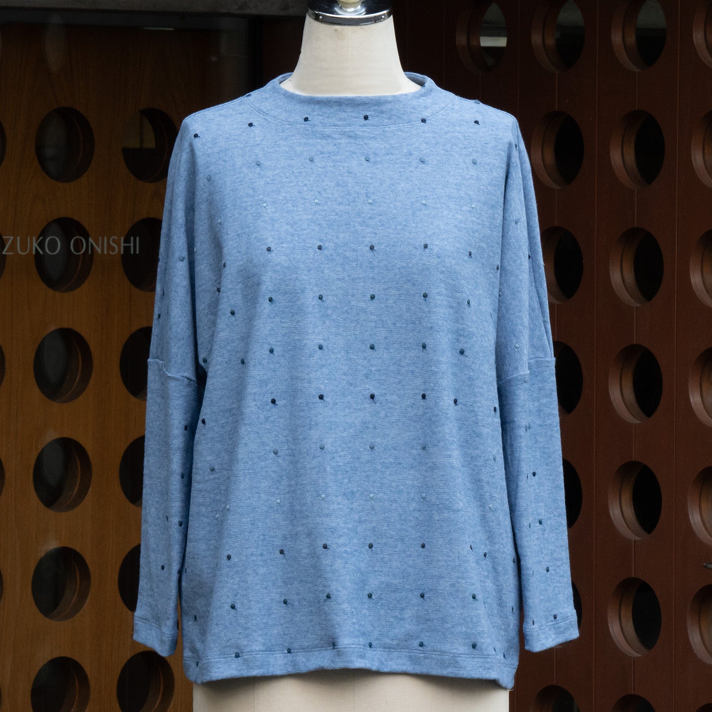 ミニパイル 9分袖ロングTシャツ 水玉 スカイブルー