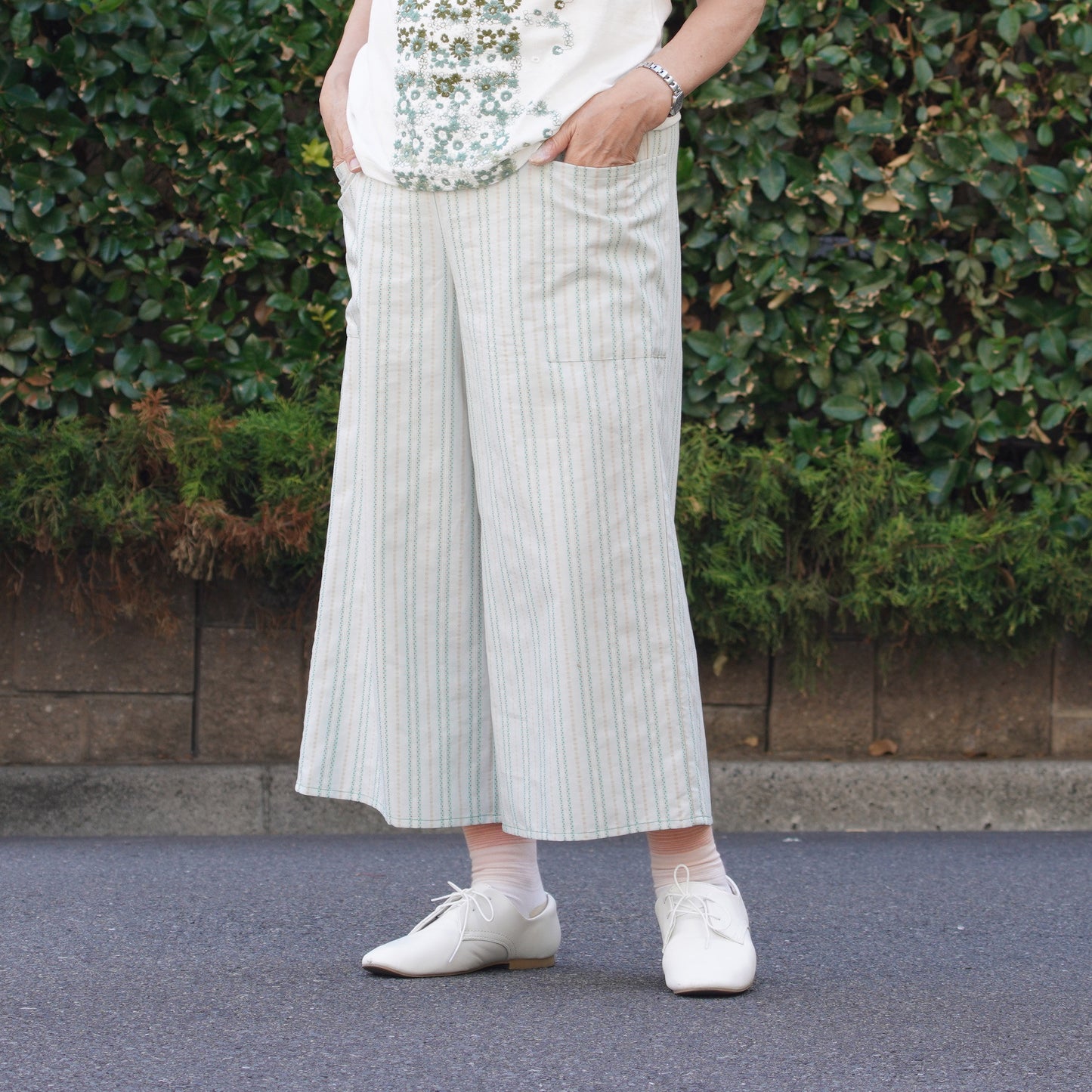 ジャガードピンストライプ ワイドパンツ グリーン