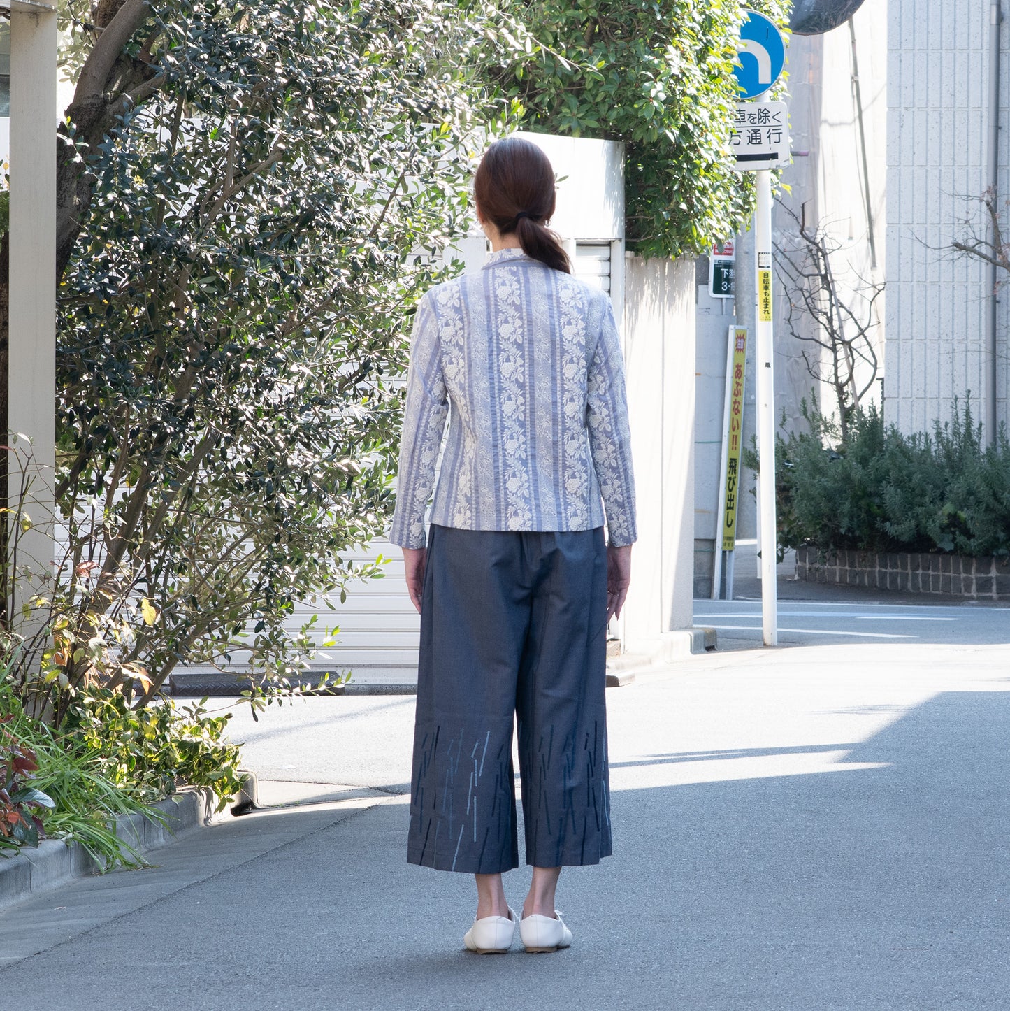 花コース チビ衿ブラウス ブルーパープル×生成