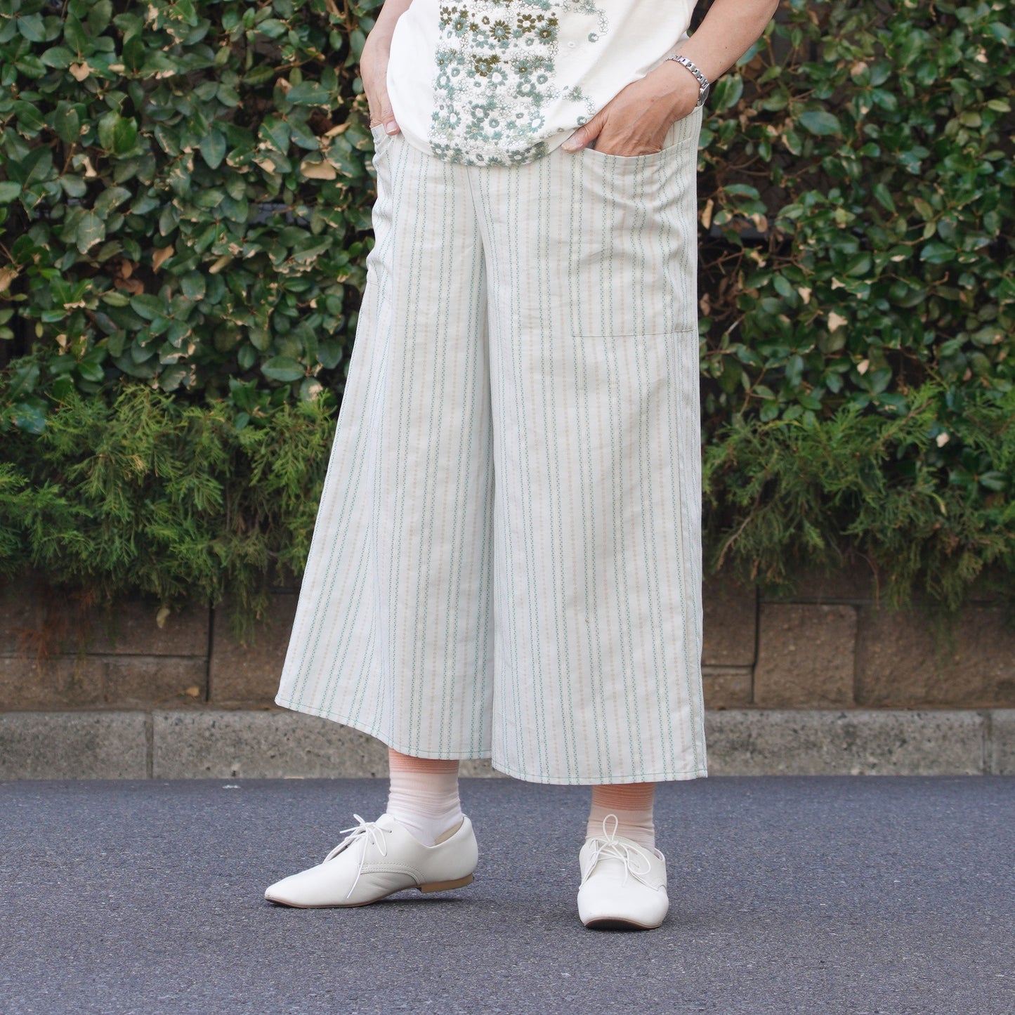 ジャガードピンストライプ ワイドパンツ　グリーン