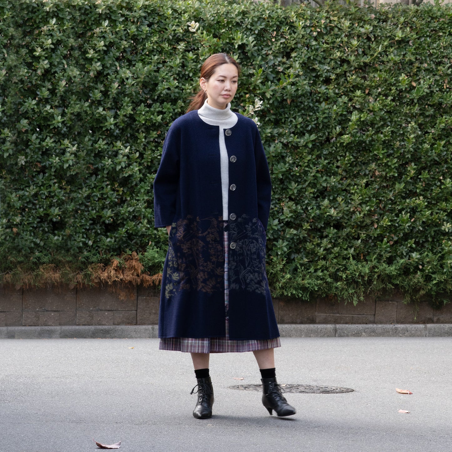 圧縮ウール天竺 植物採集ノーカラーコート ネイビー【予約販売】