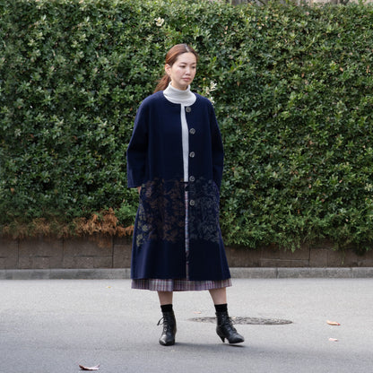 圧縮ウール天竺 植物採集ノーカラーコート ネイビー【予約販売】