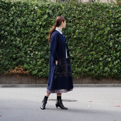 圧縮ウール天竺 植物採集ノーカラーコート ネイビー【予約販売】