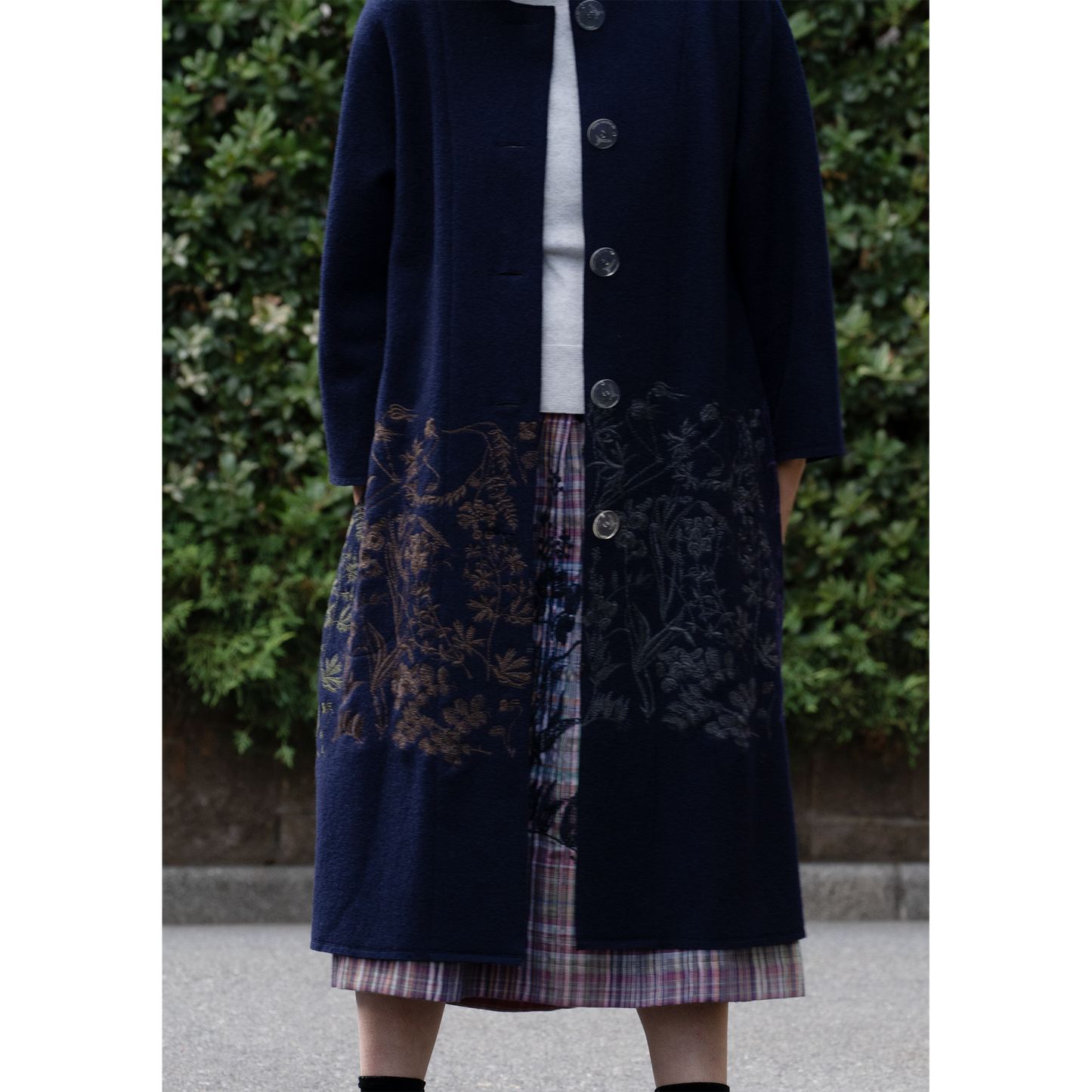 圧縮ウール天竺 植物採集ノーカラーコート ネイビー【予約販売】