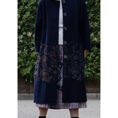 圧縮ウール天竺 植物採集ノーカラーコート ネイビー【予約販売】