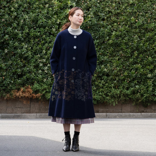 圧縮ウール天竺 植物採集ノーカラーコート ネイビー【予約販売】