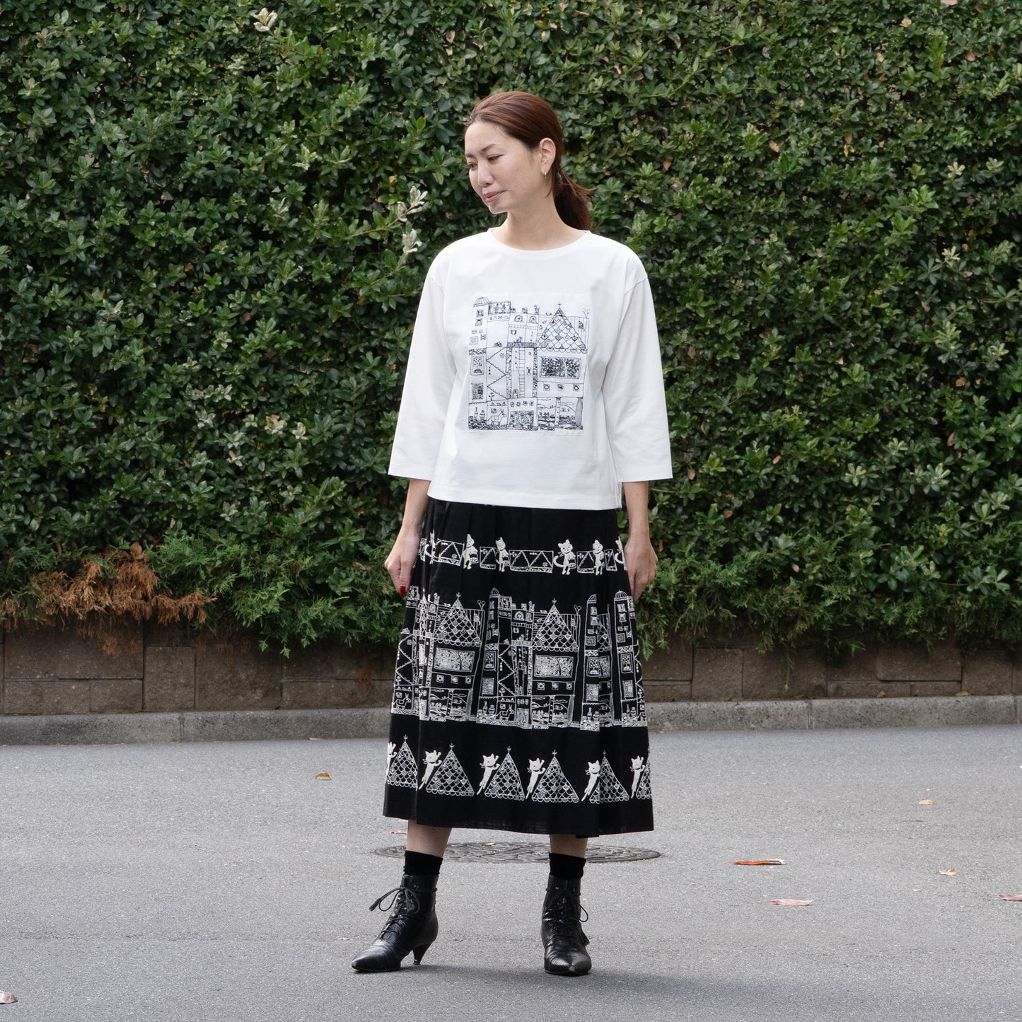 街クロッチ 七分袖Tシャツ 白