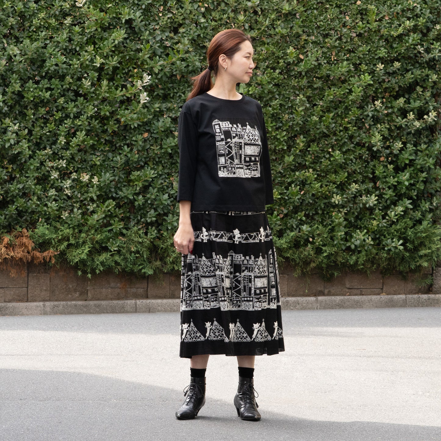 街クロッチ 七分袖Tシャツ 黒