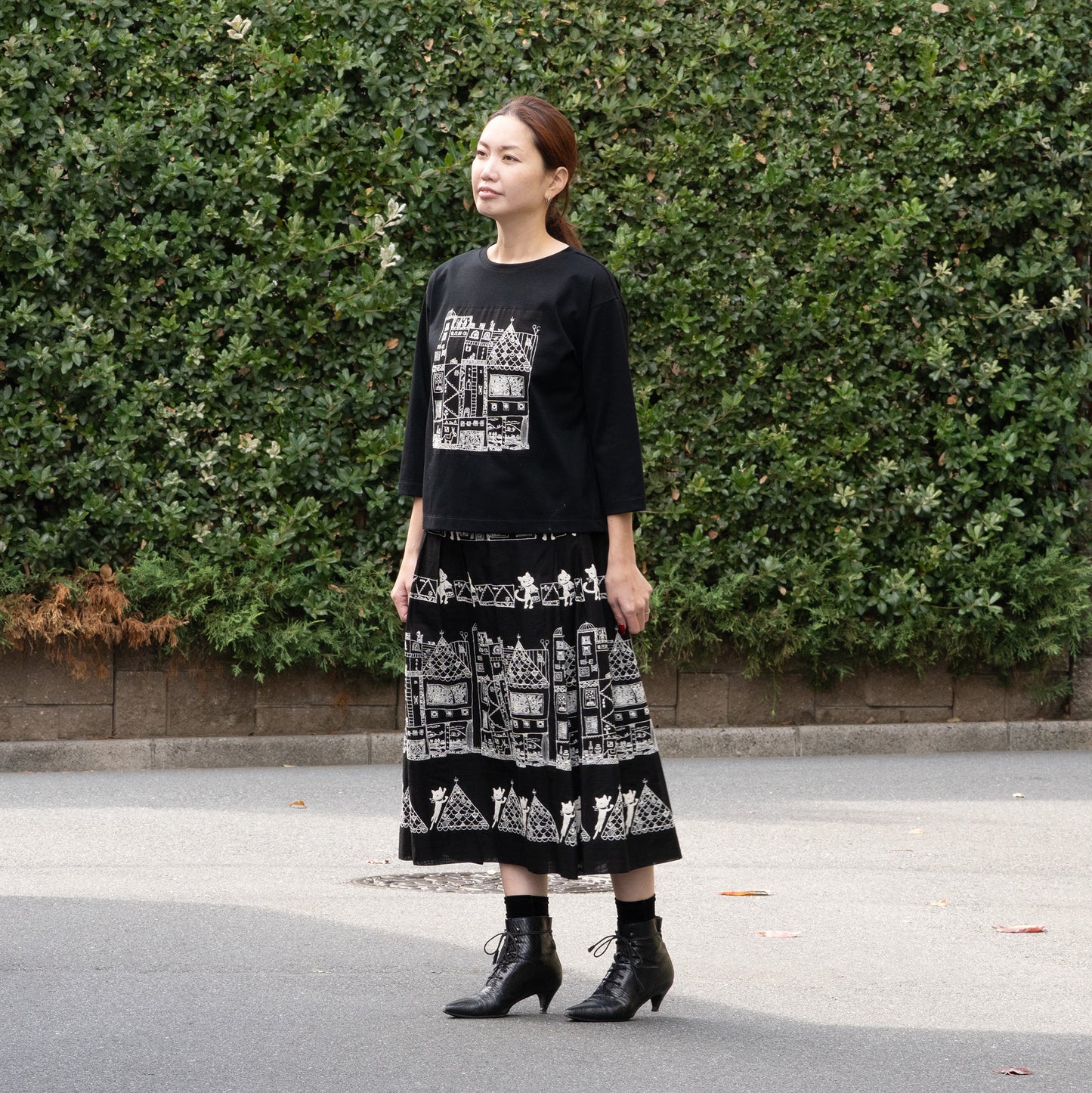 街クロッチ 七分袖Tシャツ 黒