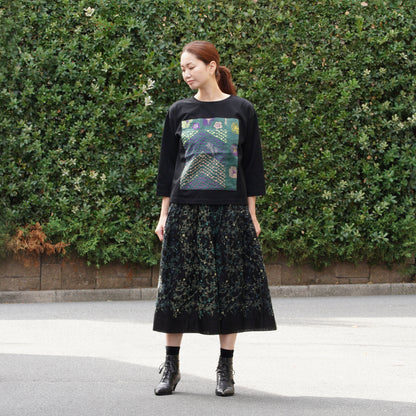 スミレと原っぱクロッチ 七分袖Tシャツ 黒×グリーン