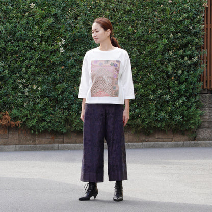 スミレと原っぱクロッチ 七分袖Tシャツ 白×ピンク