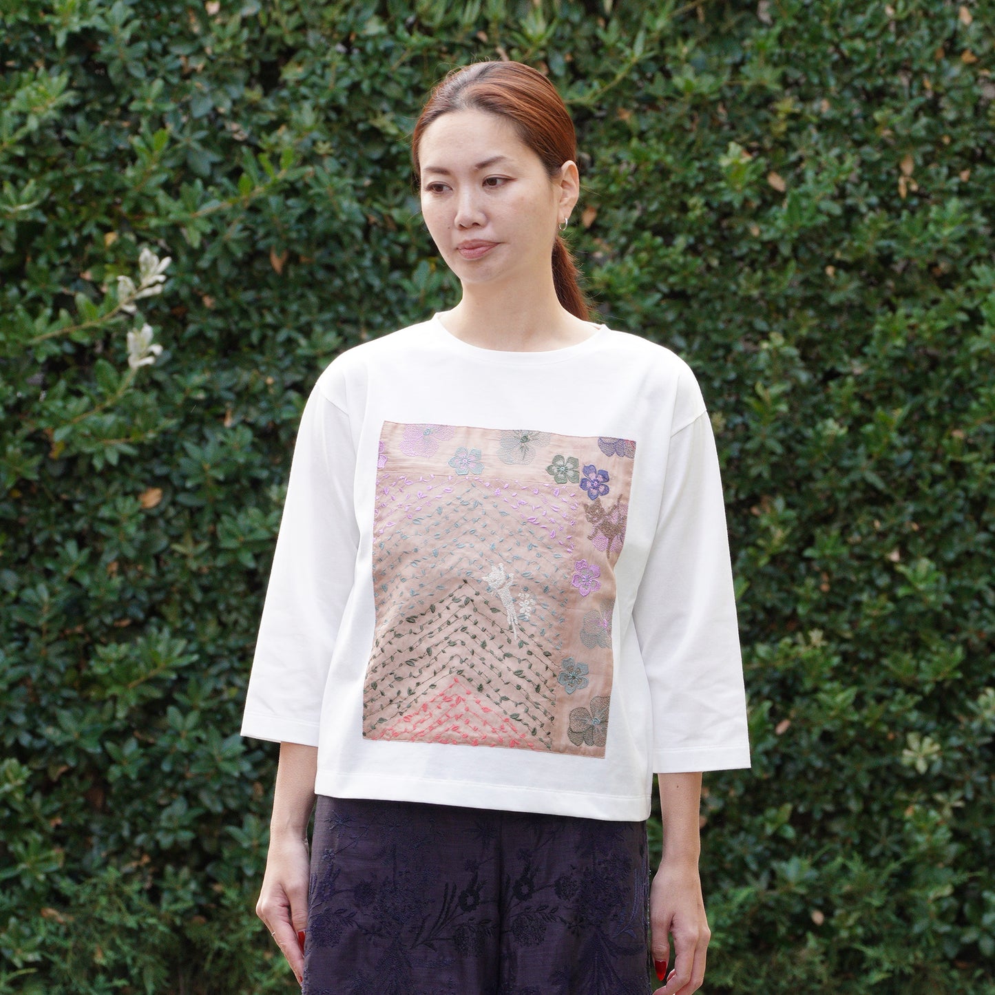 スミレと原っぱクロッチ 七分袖Tシャツ 白×ピンク