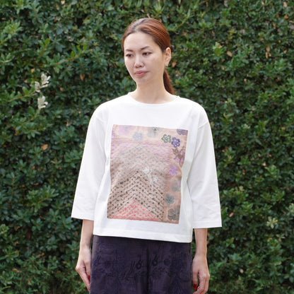 スミレと原っぱクロッチ 七分袖Tシャツ 白×ピンク