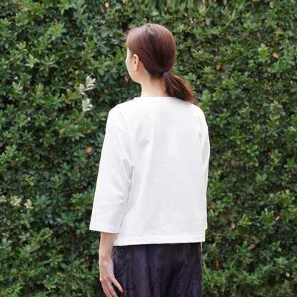 スミレと原っぱクロッチ 七分袖Tシャツ 白×ピンク