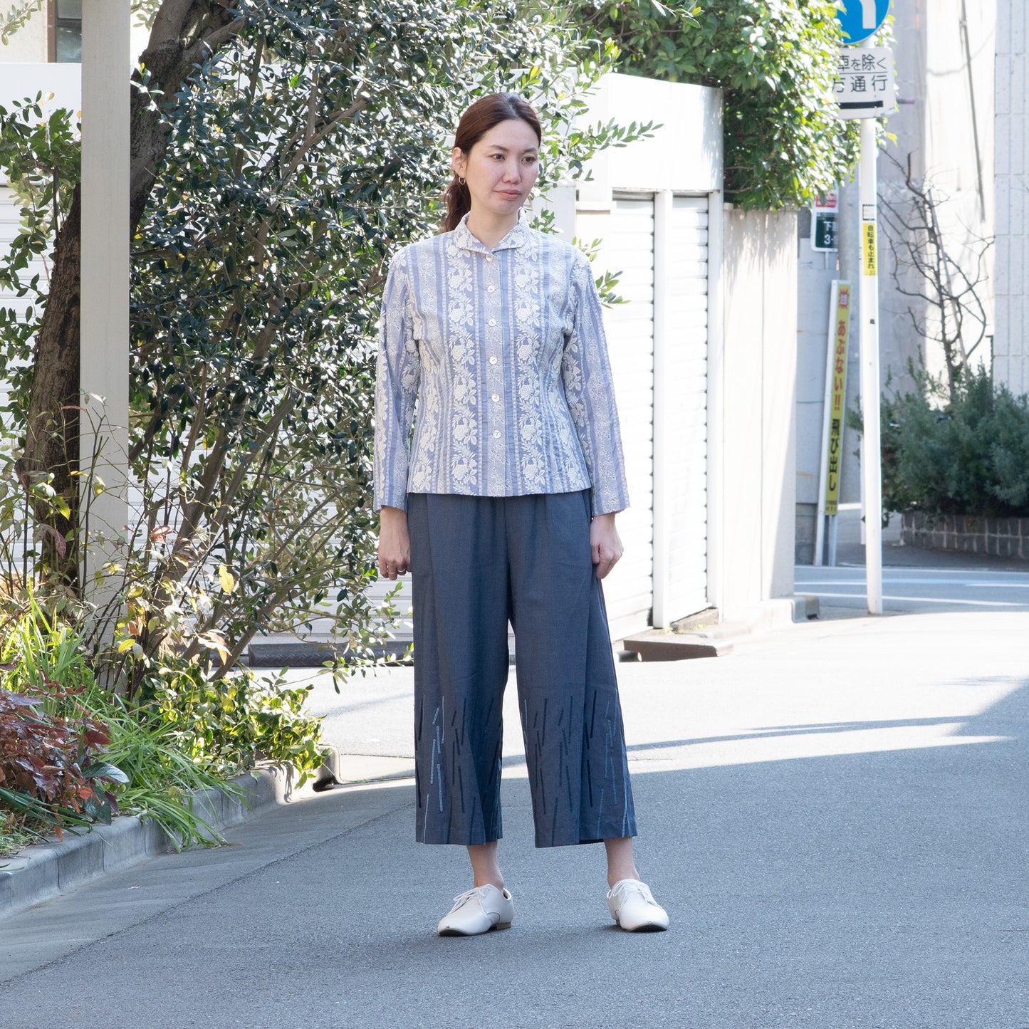 花コース チビ衿ブラウス ブルーパープル×生成