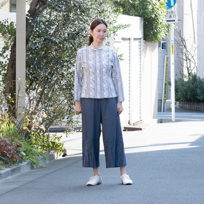 花コース チビ衿ブラウス ブルーパープル×生成