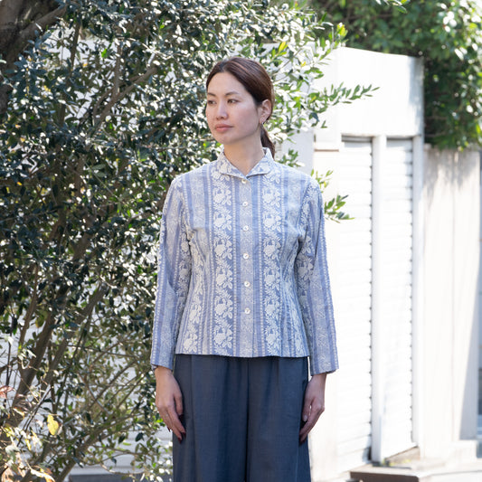 花コース チビ衿ブラウス ブルーパープル×生成